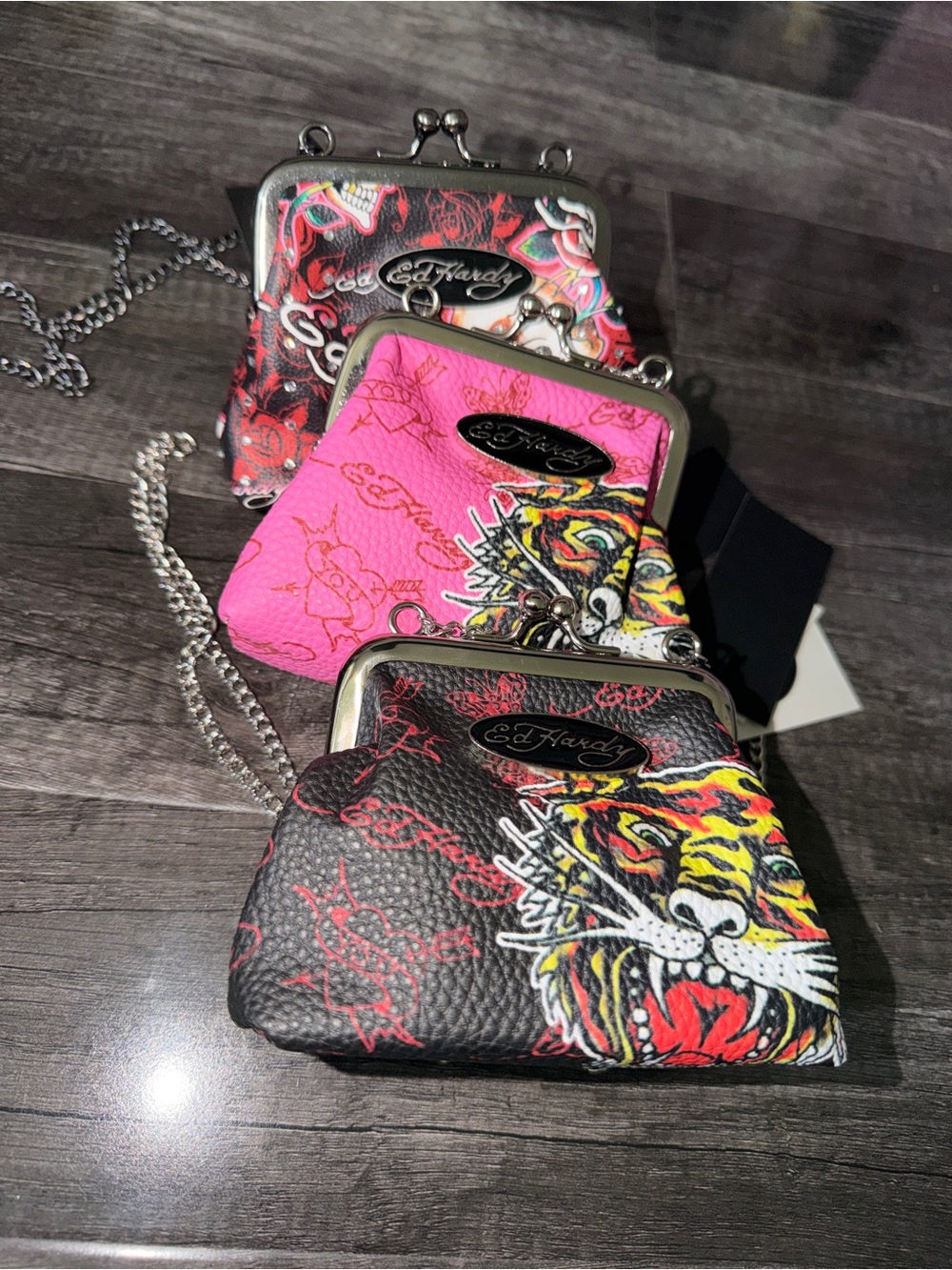 3pcs Ed Hardy Pink & Black Tiger Kiss-Lock Chain Coin Purse